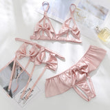 Open Dew Cream Lingerie 3-Pieces Set Bow Dot Bra Panties Garter