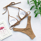 Sexy Ribbed Swimsuit Women Two-Pieces Halter Bikini Set