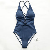 Solid 1-Piece Swimsuit Women Backless V Neck Lace Up Monokini