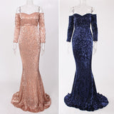 Slash Neck Sequined Maxi Party Dress