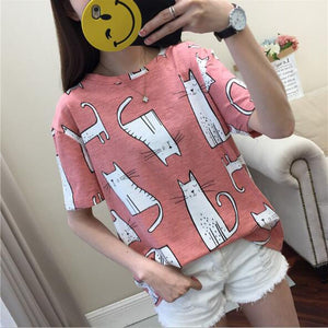 Cute Cartoon Cat Print Women T shirt