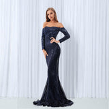 Slash Neck Sequined Maxi Party Dress