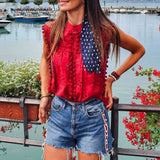 Tank Top Blouse Cotton Embroidery Neck Tassel Pompon Tops