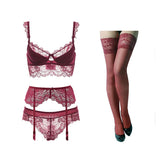 Floral Lace Bra Panties Garter Stockings 4-Piece Lingerie Set