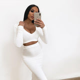 Women Two Piece Long Sleeve Crop Top Long Skirt Set Party Summer