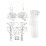 Bow Half Cup Push Up 4-Pcs Bra Panties Garter Stockings Set