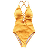 Solid 1-Piece Swimsuit Women Backless V Neck Lace Up Monokini