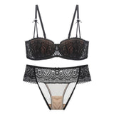 Half Cup Plunge Thin Lace Cotton Bra Underwear Set