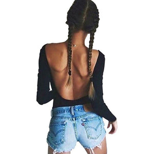 Backless Long Sleeve Skinny Black Sexy Bodysuit