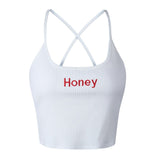 Women Honey Letter Strap Tank Tops 2019 Female Slip Crop Tops Sexy Camis Club Camisoles White Red Ladies Short Tight Shirt