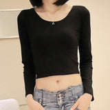 Fall fashion autumn Sexy Crop Top Ladies long Sleeve t shirt women tops Basic Stretch T-shirts Bare-midriff Black Grey White