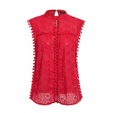 Tank Top Blouse Cotton Embroidery Neck Tassel Pompon Tops