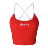 Women Honey Letter Strap Tank Tops 2019 Female Slip Crop Tops Sexy Camis Club Camisoles White Red Ladies Short Tight Shirt