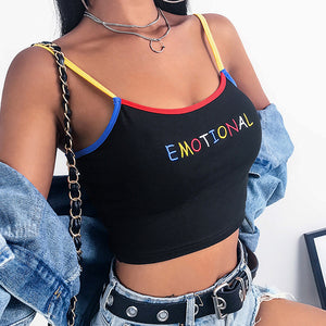 Summer Women Crop Top Cropped Ladies Spaghetti Strap Elastic Camisole Sexy EMOTIONAL Letter Embroidery Tank Tops