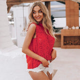 Tank Top Blouse Cotton Embroidery Neck Tassel Pompon Tops