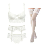 Floral Lace Bra Panties Garter Stockings 4-Piece Lingerie Set