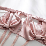 Open Dew Cream Lingerie 3-Pieces Set Bow Dot Bra Panties Garter