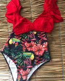 Women's Sexy V-neck High Waist Floral Ruffled Bikini Set