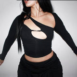 Hollow Out Crop Top Punk Tee Shirts Asymmetrical Streetwear