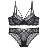 Floral Lace Unlined Deep V Hollow Bra Underwear Set