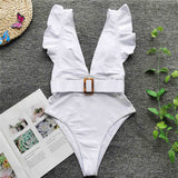 Women Ruffled Deep V Swimsuit With Belt Monokini Swimwear