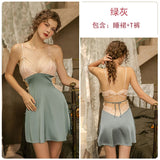 Lace Bow Knot Halter Strap Sleepwear V-Neck Embroidery Silk Dress