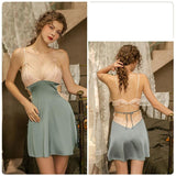 Lace Bow Knot Halter Strap Sleepwear V-Neck Embroidery Silk Dress