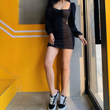 Full Sleeve Knitting Low Cut Black Bodycon Mini Dress