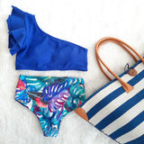 High Waist Double Ruffle Print Off-Shoulder Bikini Set