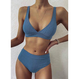 High Waist Push Up Swimwear Ribbed V-Neck Bikini Set