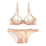 Mesh Lace Transparent Unlined 3-Piece Bra Panties Thong Set