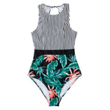 Striped Leafy One-Piece Swimsuit Sexy Cutout Monokini