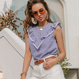 Sleeveless Plaid Shirt Ruffled O-Neck Lady Streetwear Tops