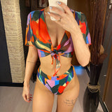 Women's High Waist Bikini Short Sleeve Three-Pieces Swimwear