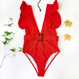 Women Ruffled Deep V Swimsuit With Belt Monokini Swimwear