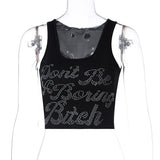 Sexy Cute Tank Tops Glitter Rhinestone Letter Rib Knit Crop Tops