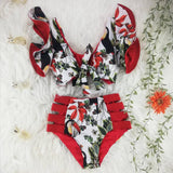 Women's Sexy V-neck High Waist Floral Ruffled Bikini Set