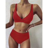 High Waist Push Up Swimwear Ribbed V-Neck Bikini Set