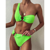 One Shoulder Bikini High Waist Swimwear Rings Ribbed Beachwear