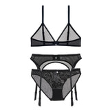 Mesh Deep V Wire Free Bra Panty Garter Lingerie Set