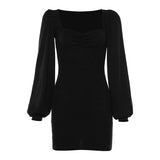 Full Sleeve Knitting Low Cut Black Bodycon Mini Dress