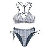 Stripe Strappy Bikini Sets Reversible Bottom Two Pieces Swimwear