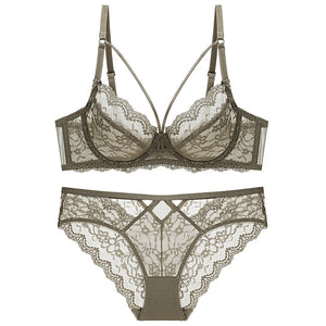 Floral Lace Unlined Deep V Hollow Bra Underwear Set