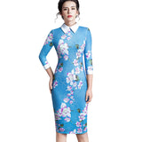 Vintage Turn-Down Collar Fit Pencil Bodycon Midi Dress