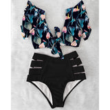 High Waist Ruffle Swimwear Floral Print Push Up Bikinis