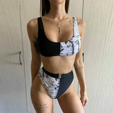 Printed Patchwork High Waisted High Cut Belted Bikini Set