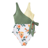 Color Block One-piece Swimsuit Patchwork Belt Bow Monokini