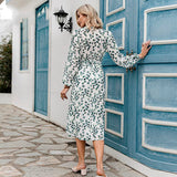 Leaf Print Long-Sleeved V-Neck Wrap Lace-Up A-Line Dress