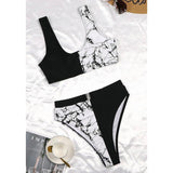 Printed Patchwork High Waisted High Cut Belted Bikini Set