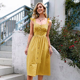 Cotton Square Neck Spaghetti Strap Button Ruffle Maxi Dress